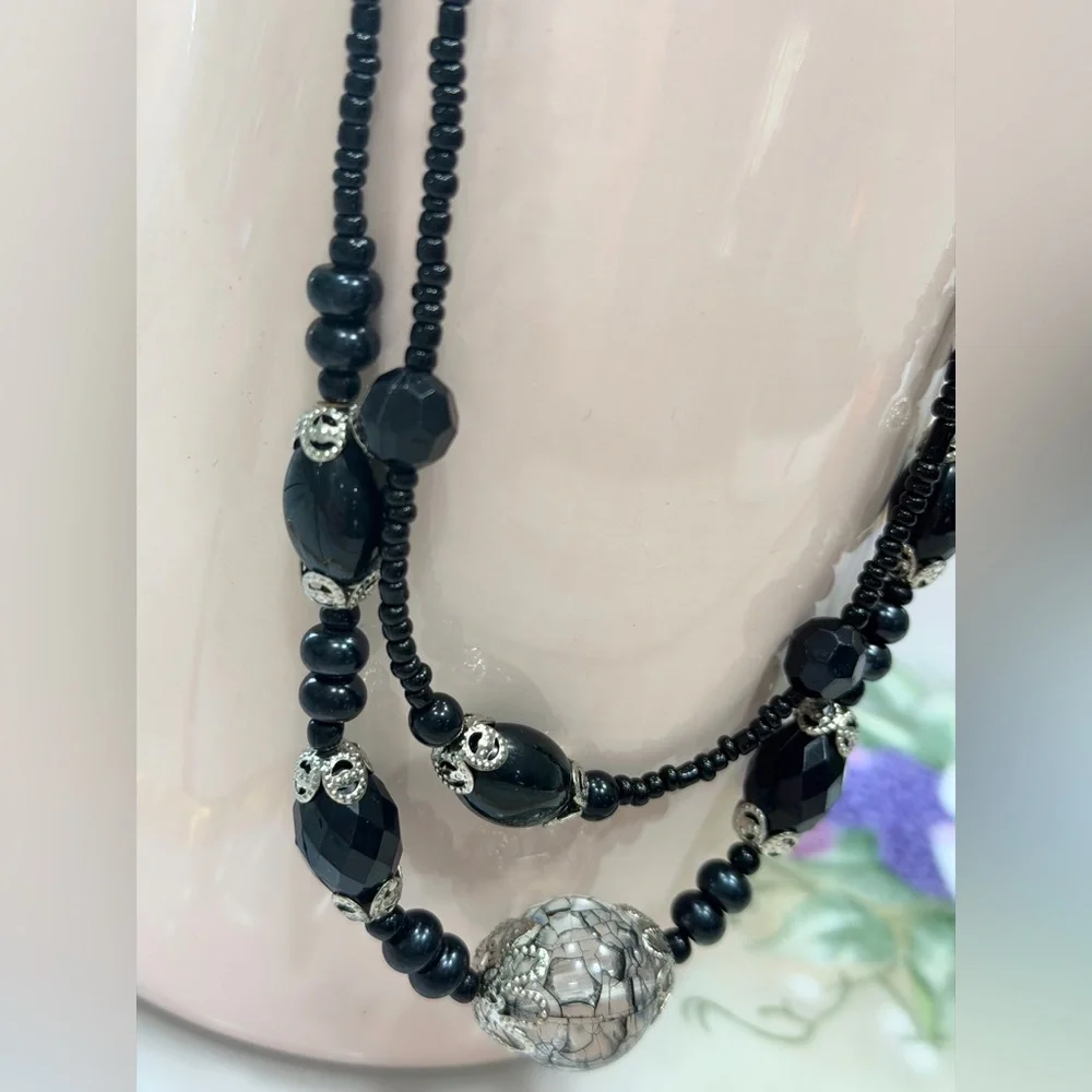 Double Strand Black Beaded Statement Necklace. 8.5” | Classic | Costume | EUC